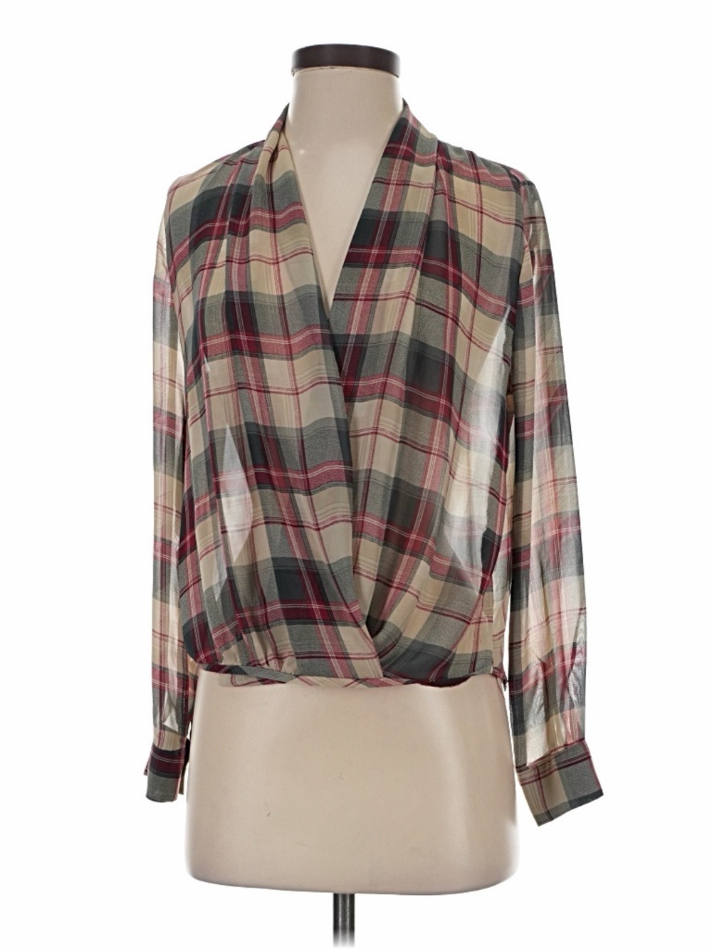 Sophie Rue Plaid Wrap-Front Blouse in Beige and Red